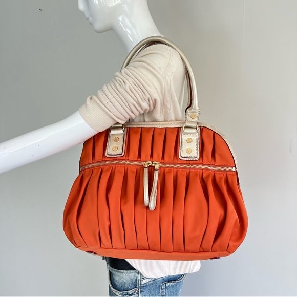 MZ WALLACE Bea Bedford Pleated Orange Nylon Gold Leather Trim Shoulder Bag Tote - Picture 16 of 16